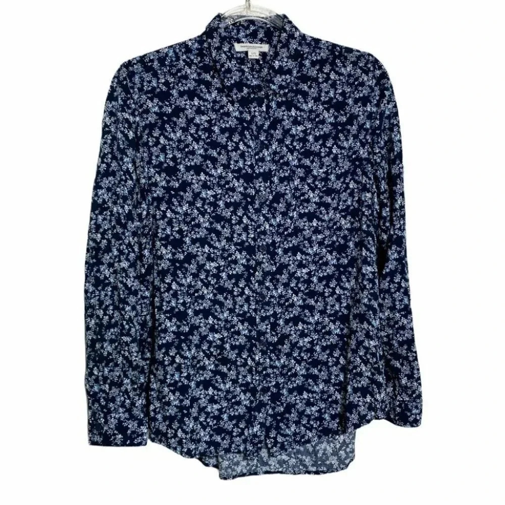 beachlunchlounge Button Down Shirt L/G Navy Blue Floral Long‎ Sleeve Viscose